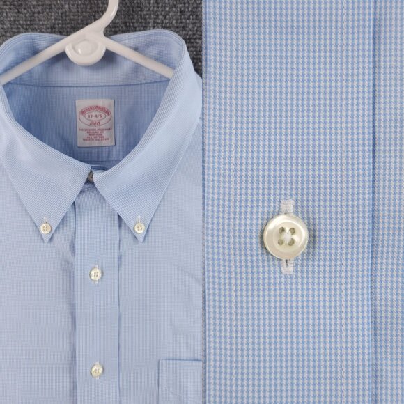 Brooks Brothers Cotton Check Non-Iron Button-Down 17 4/5 Blue Mens Pocket Shirt - Picture 1 of 16